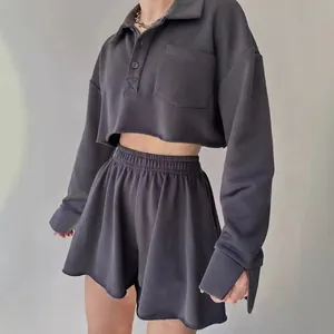 Dark grey long sleeve crop polo sweater and high waist wide leg shorts lounge set