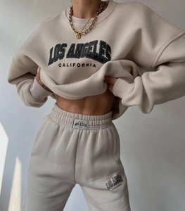 Close-up of Los Angeles printed tracksuit showing fabric texture and elastic waistband