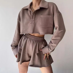 Women's taupe long sleeve cropped polo top and high waist shorts two-piece casual set
