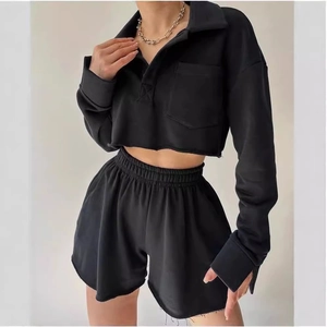 Women's black long sleeve crop top and drawstring shorts casual two-piece tracksuit set