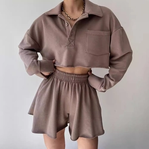 Women's casual two-piece lounge set with long sleeve polo crop top and high waist shorts