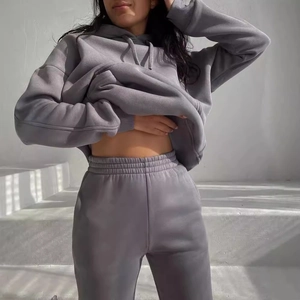 Women's grey fleece long sleeve hoodie and jogger pants casual two-piece lounge set