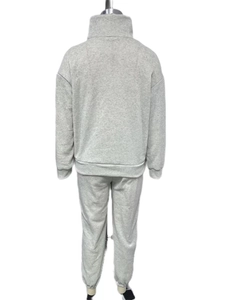 Rear view of grey thick fleece tracksuit featuring high neck sweatshirt and joggers