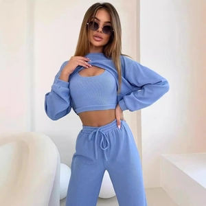 Femmes Ensemble en Tricot Côtelé Shrug Débardeur Et Pantalon Large Couleur Unie Vêtements de Détente Décontractés