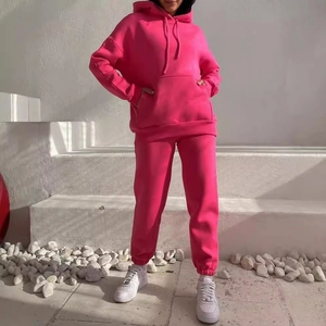 Casual rose pink fleece hoodie and jogger pants two-piece lounge set for women