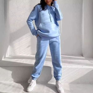 Women's light blue fleece hoodie and sweatpants two-piece casual tracksuit set