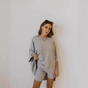 Women's oversized grey short sleeve t-shirt and cycling shorts casual home two-piece set