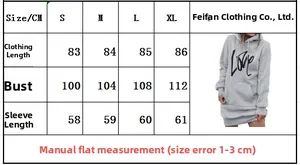 Maattabel voor grijze hoodie-jurk voor dames met afmetingen voor lengte en borstomvang