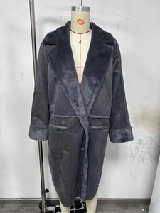Detail of grey faux suede coat showing plush faux fur collar and double-breasted buttons