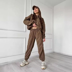 Women's brown corduroy tracksuit set with hooded sweatshirt and matching jogger pants