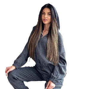 Women's dark grey corduroy tracksuit with half-zip hoodie and loose pants set