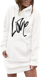 Detailweergave van witte sweatshirtjurk met capuchon, zwarte Love-print en kangoeroezak