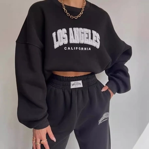 Women's black Los Angeles printed tracksuit with cropped sweatshirt and joggers
