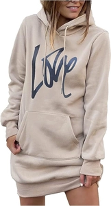 Detail van kaki hoodie-jurk met LOVE-print en kangoeroezak aan de voorzijde