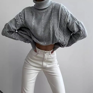 Women's turtleneck cable knit sweater in light grey with drop shoulder loose fit