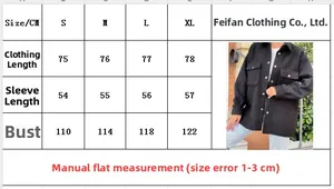 Detailed size chart for women's wool-blend oversized casual long sleeve shirt jacket