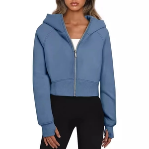 Felpa con cappuccio e zip da donna blu acciaio con fori per i pollici e polsini