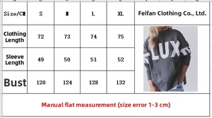 Size chart detail for oversized luxe printed hoodie showing S to XL measurements in cm