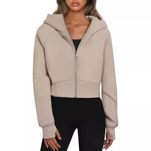 Felpa con cappuccio e zip beige chiaro da donna con fori per i pollici e fodera in pile
