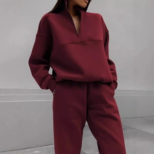 Minimalist thick half-zip sweatshirt and jogger pants two-piece set in deep burgundy red