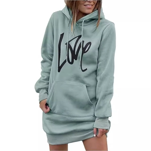Dames Casual Hoodie Jurk Lange Mouw LOVE Letteropdruk Losse Half-lange Sweatshirt Jurk Met Känguruzak Top