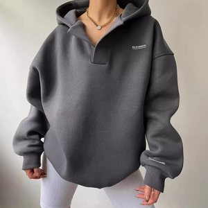 Sweat à Capuche Femme Oversize Col en V Polo Doublé Polaire Imprimé Lettres Manches Longues Automne Hiver