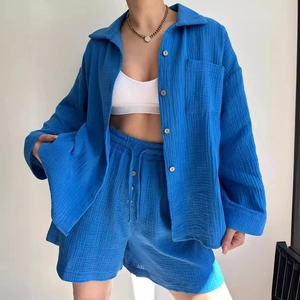 Women's casual navy blue two-piece set featuring lapel long sleeve shirt and drawstring shorts