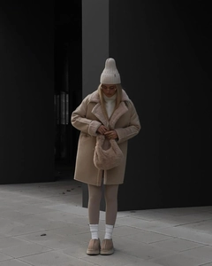 Winter faux shearling khaki coat with plush lining shown as a full fashion set