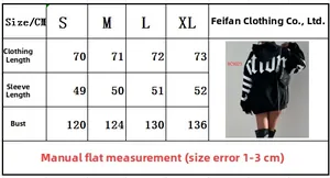 Tableau des tailles détaillé pour sweat à capuche imprimé avec mesures de longueur et buste