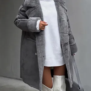 Women Suede Shearling Coat Long Faux Fur Jacket Double Breasted Lapel Winter Warm Outerwear Overcoat Casual Suede Jacket