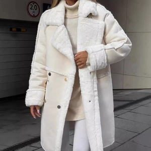 Winter faux fur beige long coat with plush trim and double-breasted metal buttons