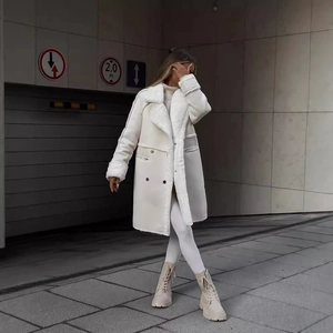 Winter long faux suede coat with shearling fur collar and double-breasted buttons