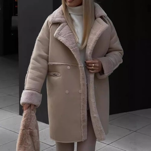 Women's long beige suede coat with faux fur lining and large lapels for winter style