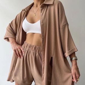 Women Casual Pleated Top And Bottom Crinkle Button Down Shirt And High Waist Shorts Breathable Summer Lounge Wear