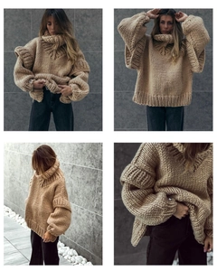 Vues détaillées du pull en maille épaisse couleur abricot à col haut et manches bouffantes