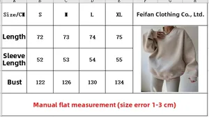 Size chart showing bust and length measurements for women's oversized long sleeve sweatshirt