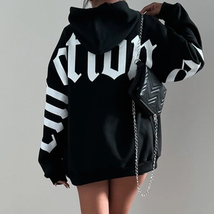 Sweat à Capuche Femme Oversize Imprimé Lettres Gothiques Décontracté Ample Manches Longues Blanc Noir Streetwear Top