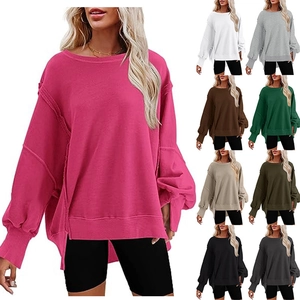 Dames Oversized Ronde Hals Sweatshirt Zijsplit Lange Mouw Hoodie Lantaarnmouw Zichtbare Naad Casual Losse Pullover Top