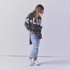 Women's dark grey hooded sweatshirt with letter print and casual loose fit design