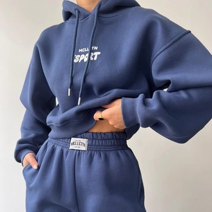 Survêtement Casual en Polaire Pour Femmes Avec Sweat à Capuche Et Pantalon Imprimé Lettres Manches Longues Tenue Sportive Hiver