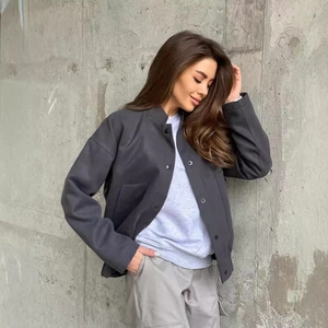 Women's casual dark grey short jacket with stand collar and metallic snap buttons