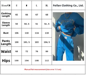 Detailed size chart for women's casual printed fleece sweatshirt and pants lounge set