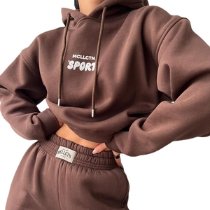 Survêtement décontracté marron pour femme avec sweat à capuche et jogging en polaire douce