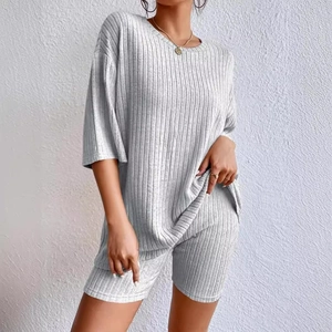 Women's Casual Ribbed Knit Oversized Short Sleeve Round Neck T-shirt And Biker Shorts Loungewear Outfits Co-ords