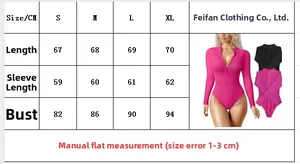 Detailed size chart for long sleeve ribbed bodysuit including bust and length data