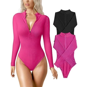 Close-up of ribbed knit long sleeve bodysuit with adjustable front zipper detail
