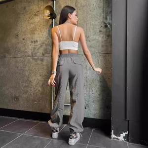 Women's casual cargo pants in dark grey with multi-pockets and a loose fit street style