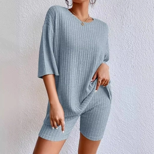 Women's 2-piece lounge set with oversized crew neck T-shirt and ribbed biker shorts