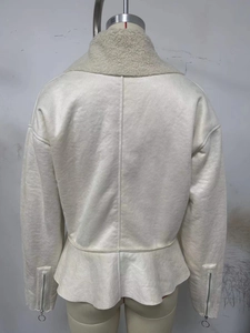 Back view of a white faux suede cropped jacket with lamb wool collar and ruffle hem details