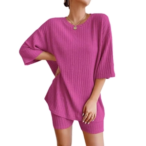 Fuchsia ribbed knit loungewear set with crewneck drop shoulder top and matching shorts